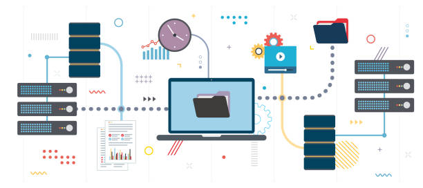 übertragung von datennetzdokumenten und datensicherung. - security system illustrations stock-grafiken, -clipart, -cartoons und -symbole