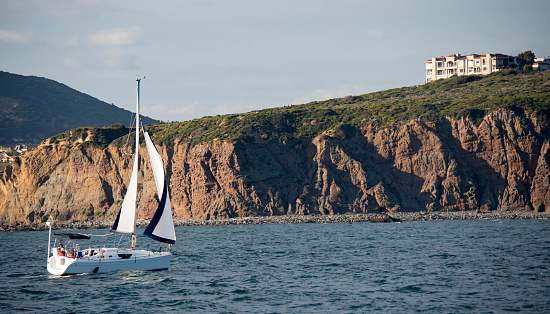 Malinska, Krk Island, Croatia - September 10, 2022: Classic sail boat regatta in Mediterranean sea