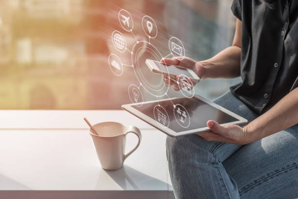 istock Internet of things - IOT via communication network service on mobile apps and smartphone and tablet technology for people in digital 4.0 lifestyle 1134998442
