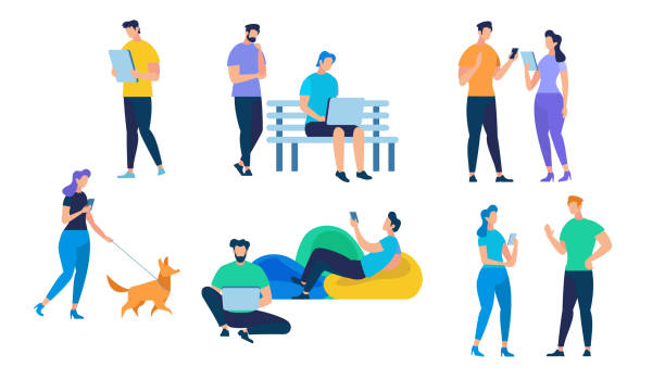People Characters Set Isolated on White Background People Characters Set Isolated on White Background. Talking Young Couple, Girl Walking with Dog, Guy Working on Laptop, Lounging Man Using Gadget. Communication, Cartoon Flat Vector Illustration. person on phone stock illustrations