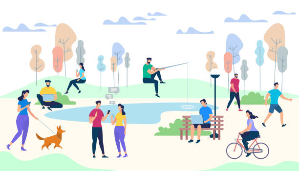 Male and Female Characters Life on Park Background Crowd of People Performing Summer Outdoor Activities. Walking Dogs, Riding Bicycle, Fishing, Meet Friends. Male and Female Characters Lifestyle on Park Background. Cartoon Flat Vector Illustration. dog sitting vector stock illustrations