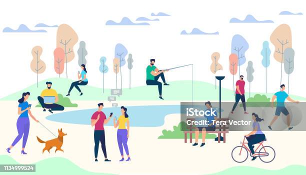 Male And Female Characters Life On Park Background Stock Illustration - Download Image Now - People, Natural Parkland, Illustration