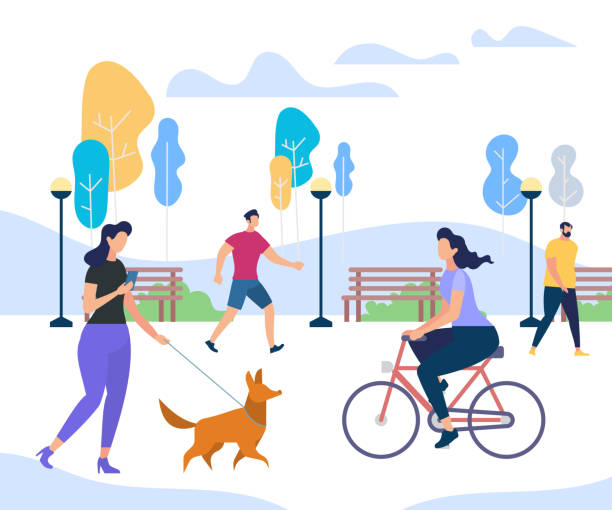 Young People Performing Summer Outdoor Activities Young People Performing Summer Sports and Leisure Outdoor Activities in City Park. Girl Riding Bicycle, Woman Walking with Funny Dog, Men Passing By Trees. Colorful Cartoon Flat Vector Illustration. walking backgrounds stock illustrations