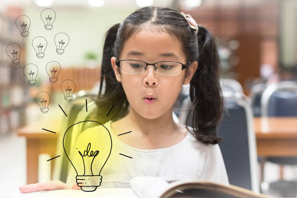 Innovative creative idea for copyrights law concept with kid surprised reading book with lightbulb in library