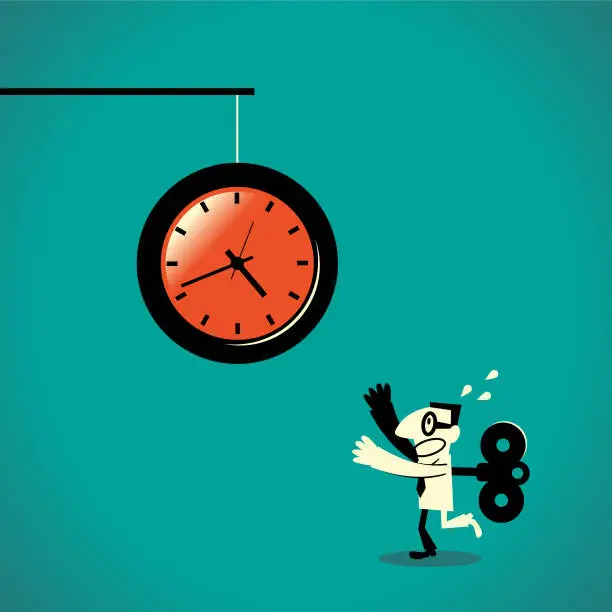 Vector illustration of Businessman with windup key in his back running after a dangling time clock at the end of a stick