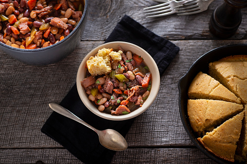 Bowl of Ham and Bean Soup with Cast Iron Cornbread