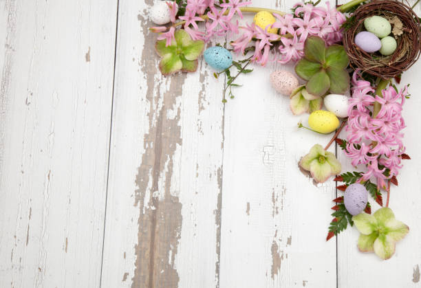 tema pasqua cornice floreale d'angolo - easter egg isolated remote frame foto e immagini stock