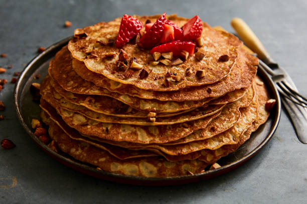 istock Pancakes with strawberries and roasted almond 1135010015