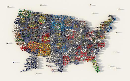 Large group of people forming USA or The United States of America flag map in social media and community concept on white background. 3d sign of crowd illustration from above gathered together