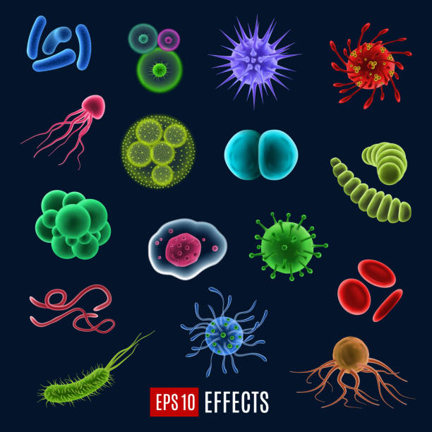 Vector germ, bacteria and virus icons Viruses, germs and bacteria, microorganism types, glowing effect. Vector illness or disease microscopic cells and infection, microbes and antibodies. Dangerous pathogen causing harm, microbiology bacterium stock illustrations