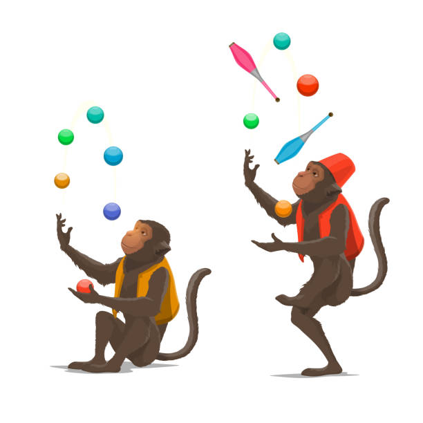 ilustraciones, imágenes clip art, dibujos animados e iconos de stock de espectáculo de circo entrenado monos malabares bolas, mazas - garrote