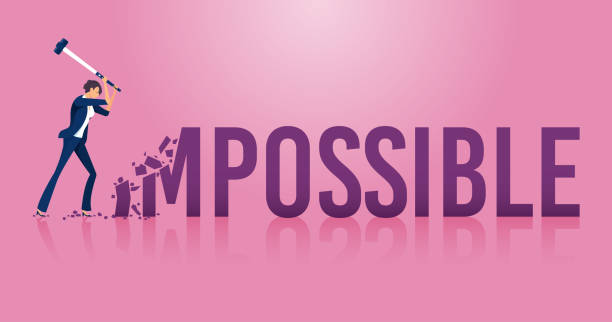Businesswoman destroying the word impossible to possible Businesswoman destroying the word impossible to possible possible stock illustrations