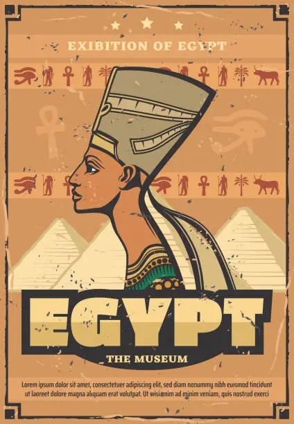Vector illustration of Egypt museum poster with Egyptian queen Nefertiti
