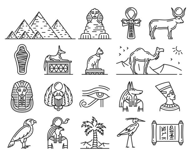 illustrazioni stock, clip art, cartoni animati e icone di tendenza di divinità dell'antico egitto, simboli di viaggio e di religione - the sphinx immagine