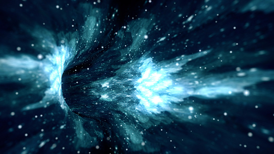 Interstellar travel in hyperspace wormhole portal with stars. Lightspeed space journey through time continuum. Warp in science fiction black hole vortex futuristic tunnel 3D illustration