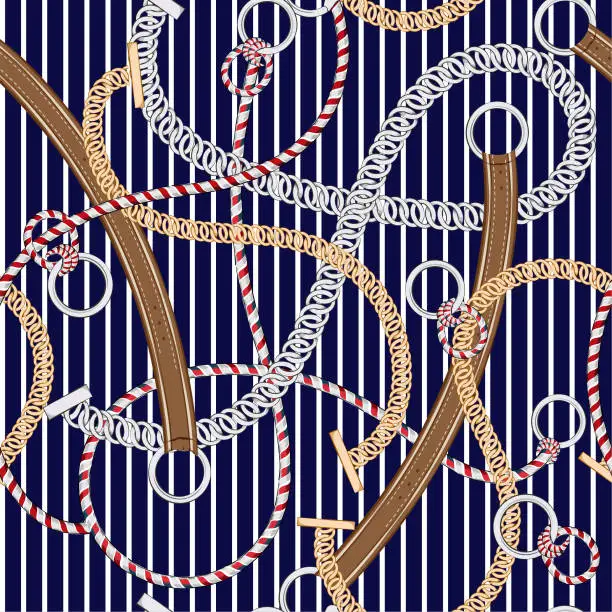 Vector illustration of Seamless pattern silver chain ,belt, and summer ropes on marine nautical navy lue and white stripe