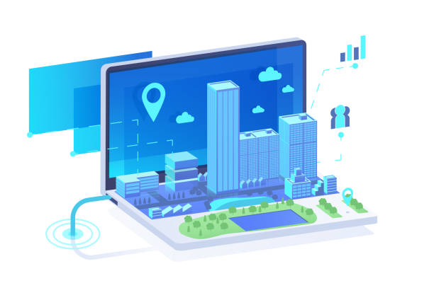 Isometric 3d mobile city in laptop with point, park, graph, lake, skyscrapers. Isometric 3d mobile city in laptop with point, park, graph, lake, skyscrapers. Concept modern urban map, virtual reality. Low poly. Vector illustration. data lake stock illustrations