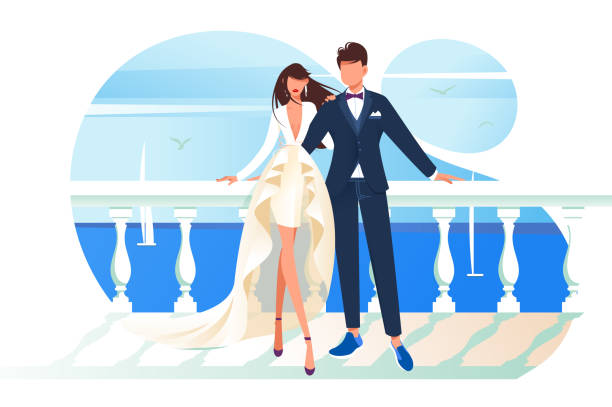 illustrazioni stock, clip art, cartoni animati e icone di tendenza di cornice nuziale piatta con donna sposa e uomo sposo. - wedding groom bride two parent family