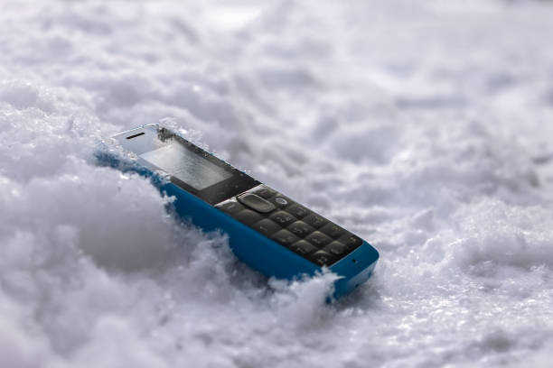 smartphone lie in snow in forest and show how many degrees outside