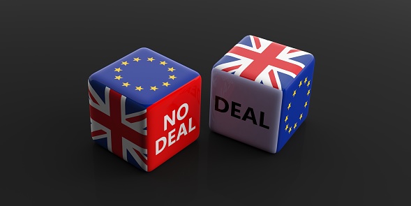 Brexit, deal or no deal concept. United Kingdom and European Union flags on dice, black background. 3d illustration