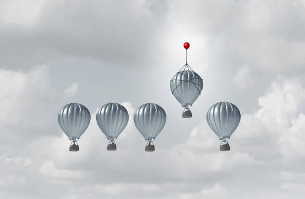 Business Competitive Advantage Business competitive advantage success and corporate edge concept as a group of hot air balloons racing to the top but an individual leader with a small balloon winning the competition as a 3D illustration. contest stock pictures, royalty-free photos & images