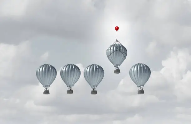 Business competitive advantage success and corporate edge concept as a group of hot air balloons racing to the top but an individual leader with a small balloon winning the competition as a 3D illustration.