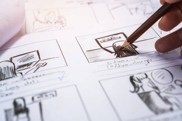 istock Hands on Storyboard movie layout for pre-production, storytelling drawing creative for process production media films. Script video editors and writing graphic in form displayed in maker shooting 1135034103