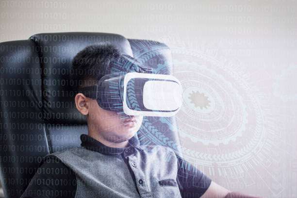 istock Asian student wearing vr / virtual reality headset over technology HUD digital virtual screen background for learning study new simulation sci and game, Futuristic innovation device concept 1135034136