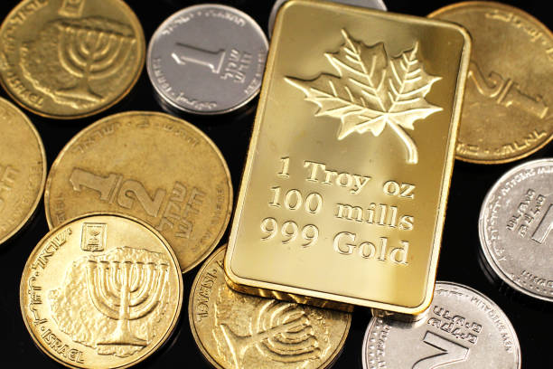 A close up image of an assortment of Israeli coins with a Canadian one ounce gold on a black background stock photo