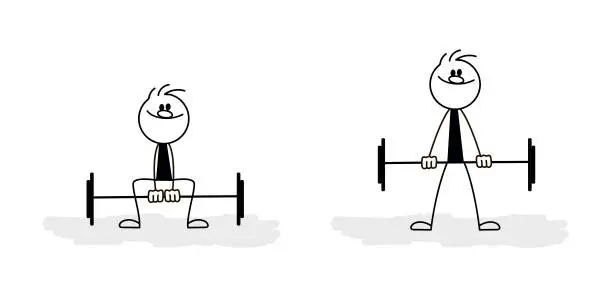 Vector illustration of Doodle stick figure: Man doing exercises in the gym. Fitness and healthy lifestyle. Total body workout with barbell. Vector.