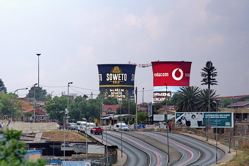 Soweto Towers, seen above a major highway in Soweto, outside of Johannesburg, South Africa