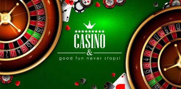 Vector illustration of Casino advertising with roulette and elements of casino games on a green background.  3D vector. High detailed realistic illustration.