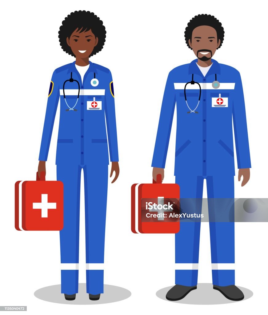 Medical teamwork concept. Detailed illustration couple of african american paramedic man and woman, emergency doctor, nurse in flat style. Practitioner doctors standing together. Vector illustration. Medical concept. Couple of african american doctors man and woman standing together on white background in flat style. Flat design people characters. Vector illustration. Accidents and Disasters stock vector