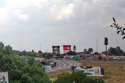 Soweto Towers, seen above a major highway in Soweto, outside of Johannesburg, South Africa