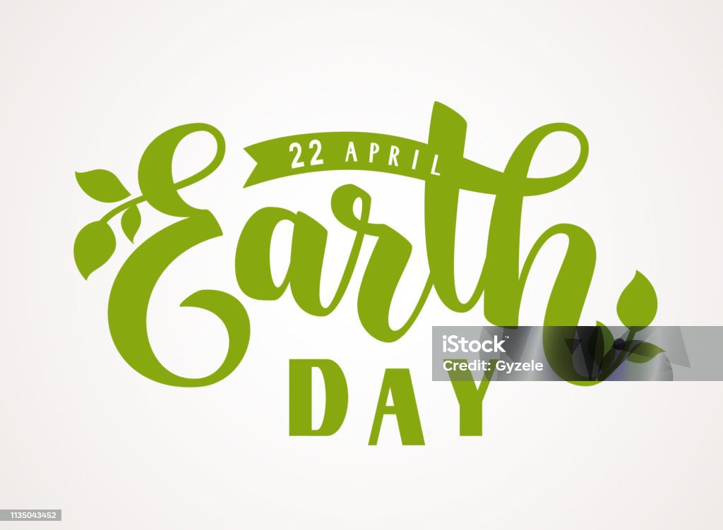 Joyeux jour de la terre. le 22 avril. Texte de voeux de lettrage à la main avec silhouette de feuilles vertes - clipart vectoriel de Journée Mondiale de la Terre libre de droits