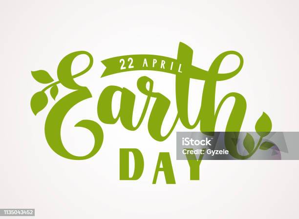 Joyeux Jour De La Terre Le 22 Avril Texte De Voeux De Lettrage À La Main Avec Silhouette De Feuilles Vertes Vecteurs libres de droits et plus d'images vectorielles de Journée Mondiale de la Terre