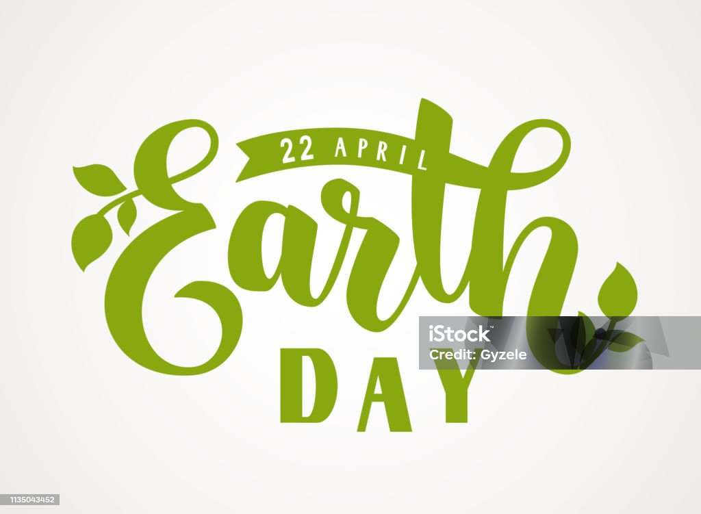 Happy Earth Day. 22 april. Hand lettering greeting text with green leaves silhouette Vector illustration Earth Day stock vector