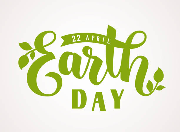 Happy Earth Day. 22 april. Hand lettering greeting text with green leaves silhouette vector art illustration