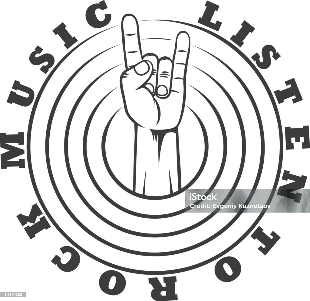 Rocker hand and text love rock music Black and white illustration on the theme of rock. Hand and text. Listen to rock music. Alternative Rock stock vector