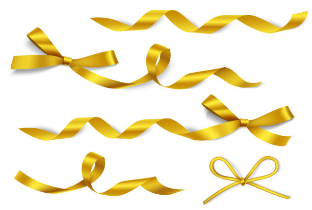 Beautiful set of decorative golden bows with long ribbon isolated on white background. vector art illustration