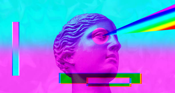 Purple pink antique sculpture on a retro vaporwave background. Contemporary art collage. Purple pink antique head sculpture on a bright retro vaporwave background. Contemporary art collage. Concept of retro wave style posters. postmodernism stock pictures, royalty-free photos & images
