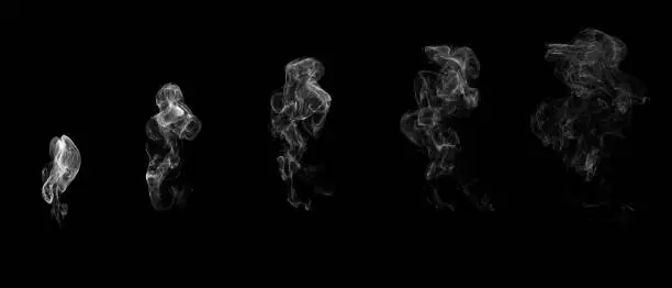 Photo of Stages of white smoke. Isolated on black background. 3D rendering.