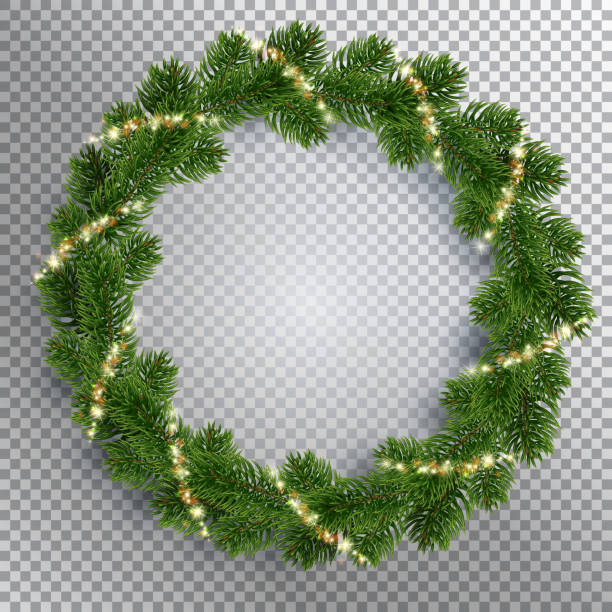 wreath of Christmas tree branches-03-04 Christmas fir-tree wreath with glowing lights. Golden shining sparks. Transparent background. Realistic illustration. Vector EPS10. floral garland stock illustrations