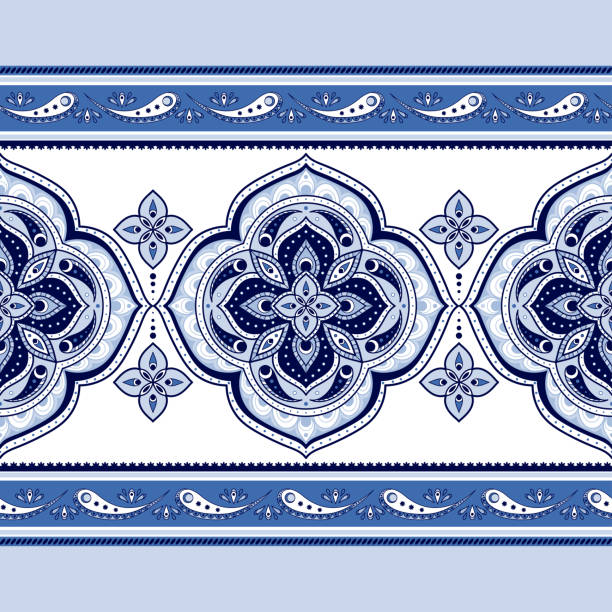 istock Mandala indian paisley pattern vector seamless border. Floral medallion motif for fabric or wallpaper. Ethnic vintage flower ornament 1135045266