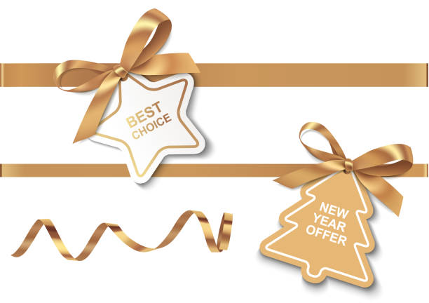 Set of New Year or Christmas Sale tags with golden ribbon and bow on white background. vector art illustration