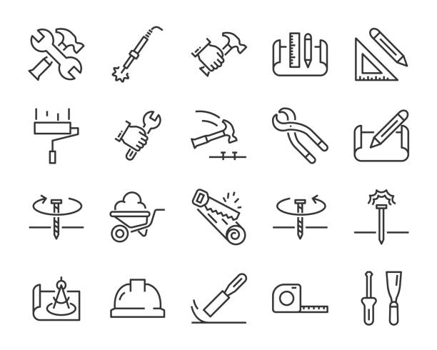 ilustraciones, imágenes clip art, dibujos animados e iconos de stock de conjunto de iconos de trabajo, tales como ingeniero, carpintero, construcción, constructor - martillo