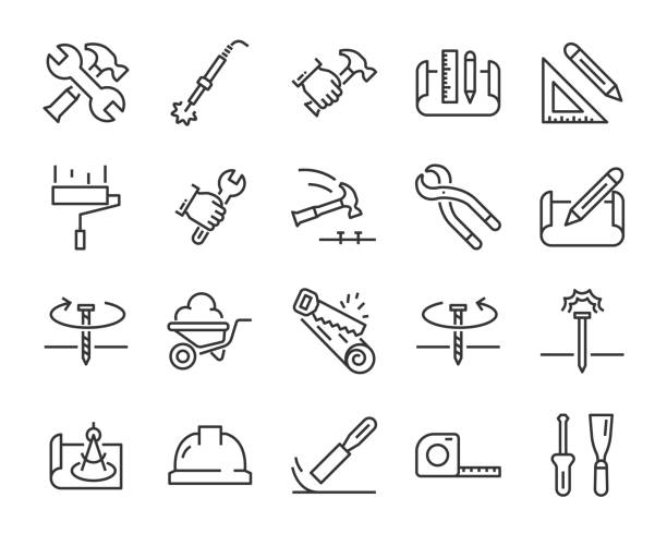 set of work icons, such as engineer, carpenter, construction, builder set of work icons, such as engineer, carpenter, construction, builder blueprint symbols stock illustrations