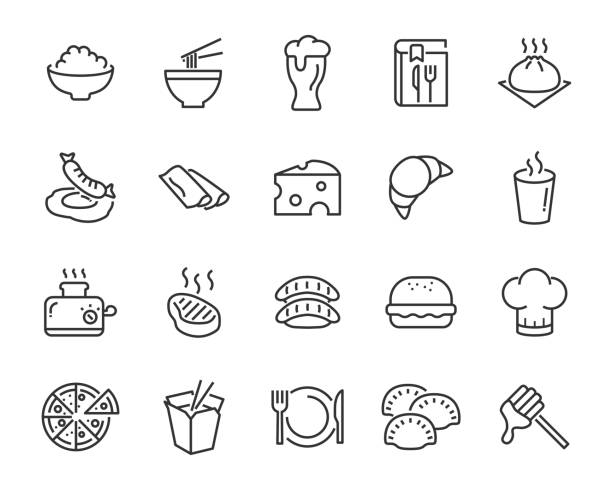 набор иконок еды, таких как хлеб, рис, мясо, напитки - cooked bread food cup stock illustrations