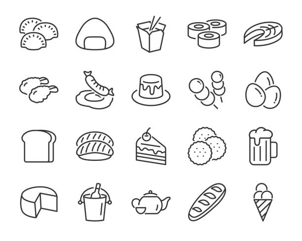 sets von ikonen, wie brot, reis, fleisch, getränk - kartoffelknödel essen stock-grafiken, -clipart, -cartoons und -symbole