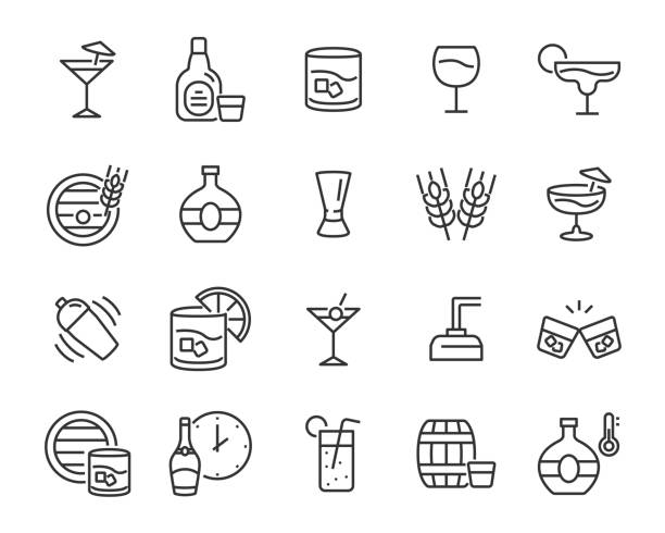 set of alcohol icons, such as whisky, drink, cocktail, bar, glass set of alcohol icons, such as whisky, drink, cocktail, bar, glass distillery stock illustrations